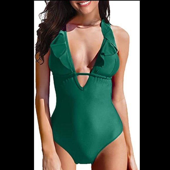 SHELY One Piece Deep V-Neck Ruffled Back Crossover Swimsuit NEW WITH TAG! - Picture 6 of 12